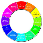 Farbkreis in Primär-, Sekundär und Tertiärfarben unterteilt, sowie eine je Schritt 20% stärkere Abdunklung, bzw. Aufhellung.